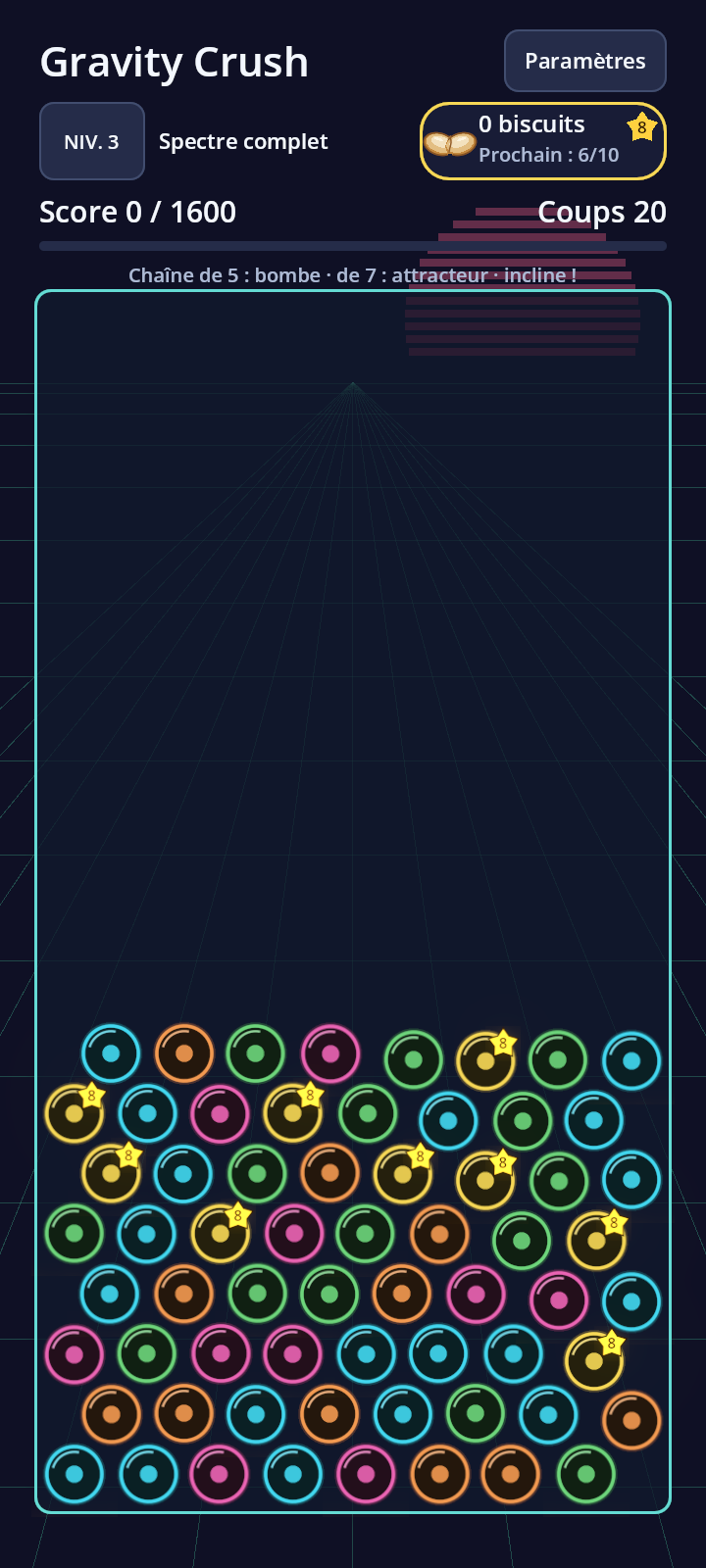 Capture de Gravity Crush dans le style Arcade néon